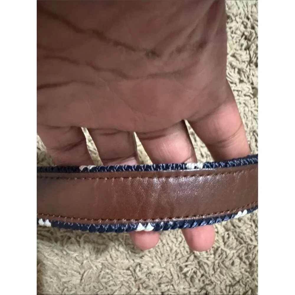 Men's Navy Braided Leather-Trim Brass Buckle Belt size 42 Nautical Preppy Summer